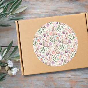 Cute Grey Bunny with Colourful Tulips Classic Round Sticker