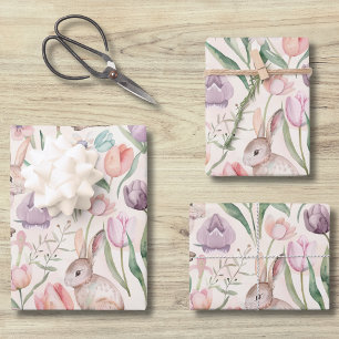 Cute Grey Bunny with Colourful Tulips Wrapping Paper Sheet