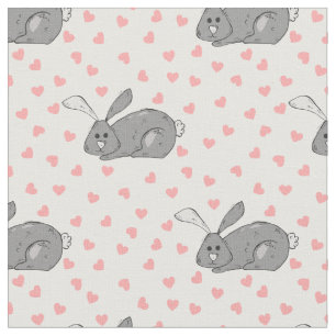 Cute Grey Bunny with Pink Hearts Print Fabric