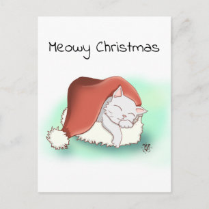 Cute Grey Cartoon Cat Sleeping in Santa Hat Postcard