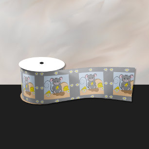 Cute grey cartoon mouse eating cheese ribbon satin ribbon