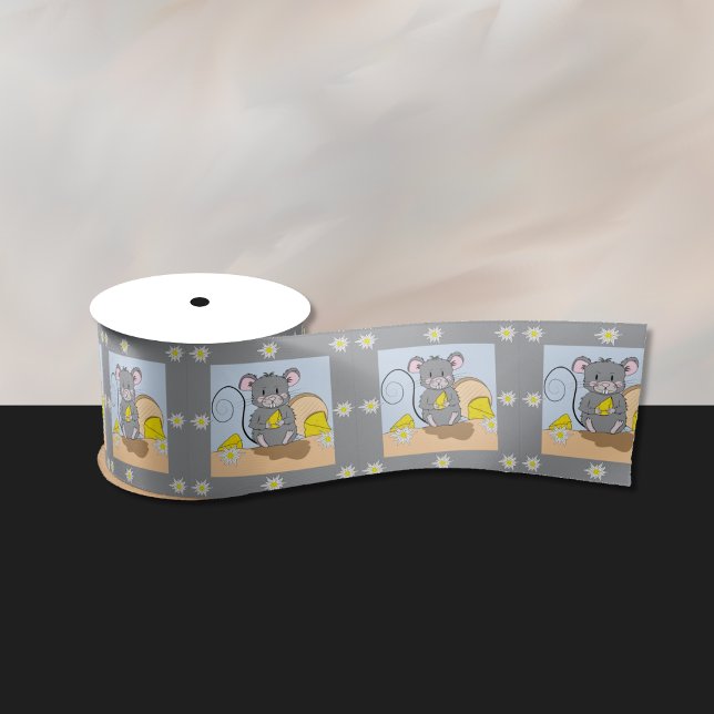 Cute grey cartoon mouse eating cheese ribbon satin ribbon (Cute gray mouse eating cheese pattern ribbon . )