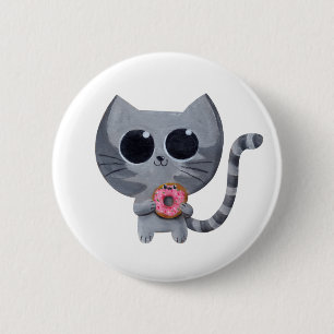 Cute Grey Cat and Doughnut 6 Cm Round Badge