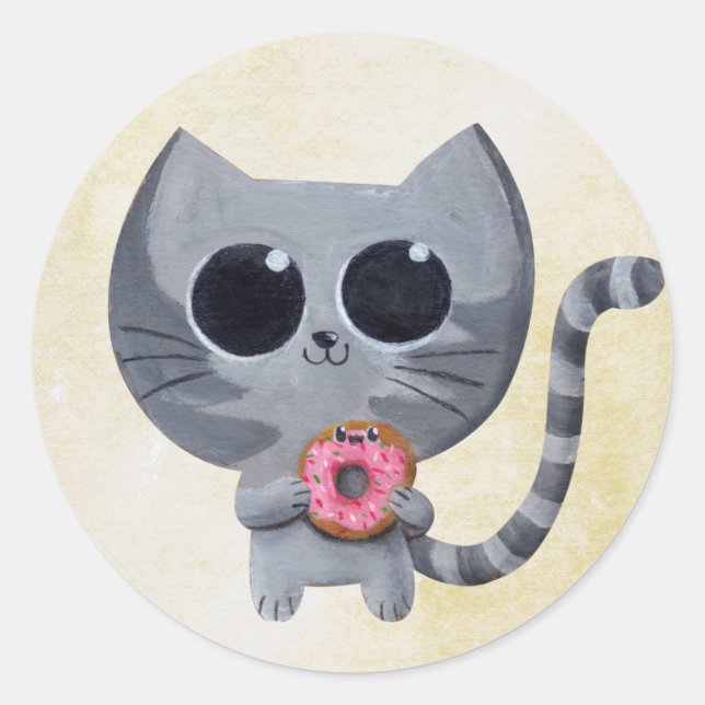 Cute Grey Cat and Doughnut Classic Round Sticker (Front)