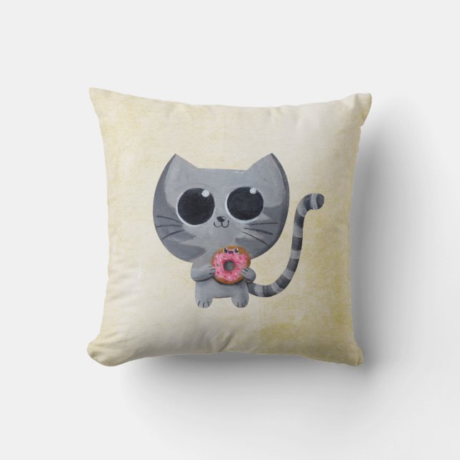 Cute Grey Cat and Doughnut Cushion (Front)