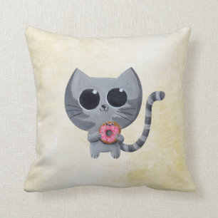 Cute Grey Cat and Doughnut Cushion