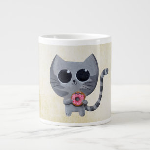 Cute Grey Cat and Doughnut Large Coffee Mug