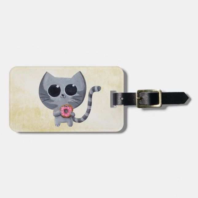 Cute Grey Cat and Doughnut Luggage Tag (Front Horizontal)