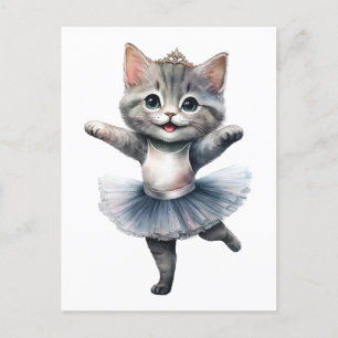Cute grey cat ballerina dancing ballet holiday postcard