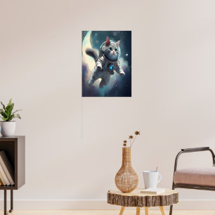 Cute Grey Cat Flying in Space Poster