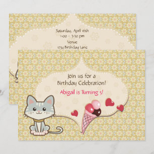 Cute Grey Cat, Ice Cream and Flowers Birthday Invitation
