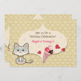 Cute Grey Cat, Ice Cream and Flowers Birthday Invitation