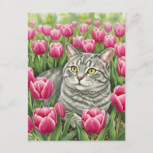 Cute Grey Cat in Tulips Postcard
