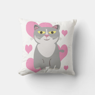 Cute Grey Cat Love Cartoon Fun Pet Design Cushion