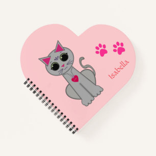 Cute Grey Cat & Name Calligraphy on Pink Notebook