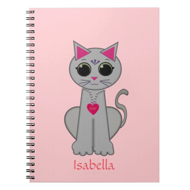 Cute Grey Cat & Name Calligraphy on Pink Notebook (Front)