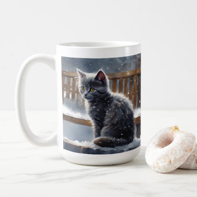 Cute Grey Cat on a Bench in the Snow Coffee Mug (With Donut)