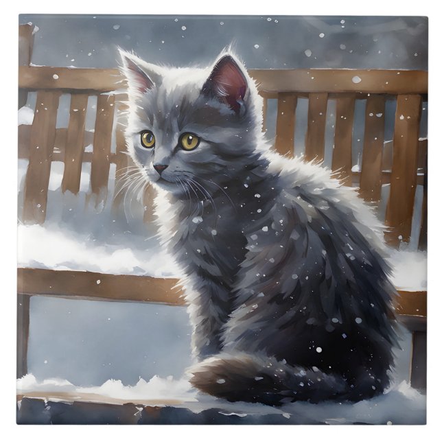 Cute Grey Cat on a Bench in the Snow Portrait Pose Ceramic Tile (Front)