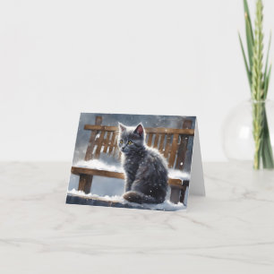 Cute Grey Cat on Bench Winter Snow Blank Greeting  Card
