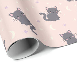 Cute Grey Cat Pink Wrapping Paper