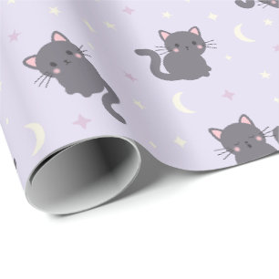 Cute Grey Cat Purple Wrapping Paper