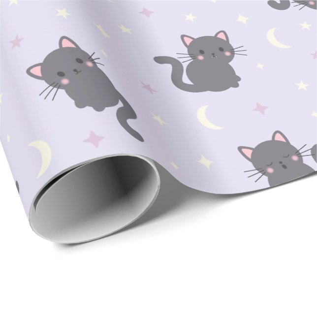 Cute Grey Cat Purple Wrapping Paper (Roll Corner)