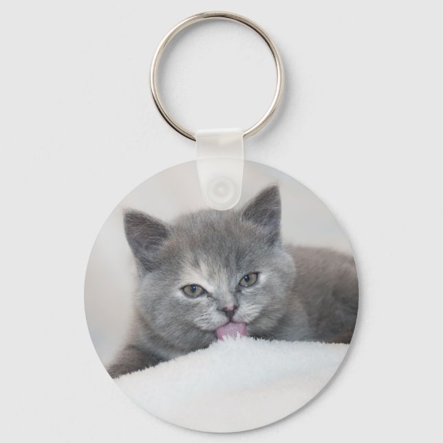Cute Grey Cat Tongue Out! Key Ring (Front)