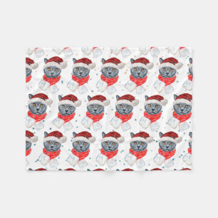 Cute Grey Cat Watercolor with Scarf Fleece Blanket