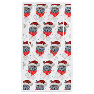 Cute Grey Cat Watercolor with Scarf Small Gift Bag