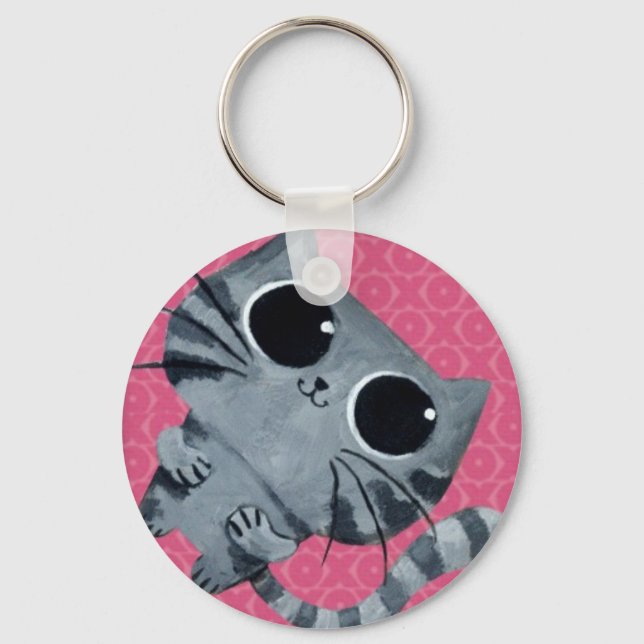 Cute Grey Cat with big black eyes Key Ring (Front)