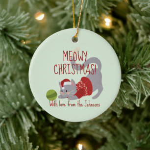 Cute Grey Cat with Christmas Hat Ceramic Ornament