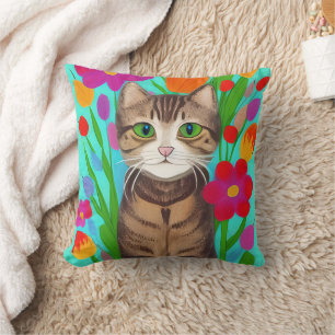 Cute Grey Cat with Colourful Flowers Cushion