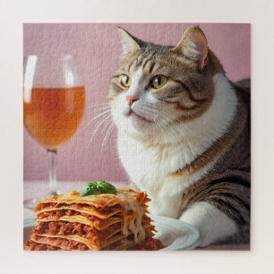 Cute Grey Cat with Lasagna and Wine Glass Jigsaw Puzzle
