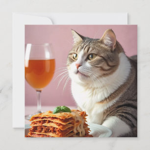 Cute Grey Cat with Lasagne and Wine Glass