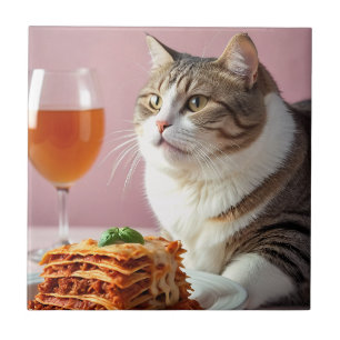 Cute Grey Cat with Lasagne and Wine Glass Ceramic Tile