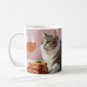Cute Grey Cat with Lasagne and Wine Glass Coffee Mug