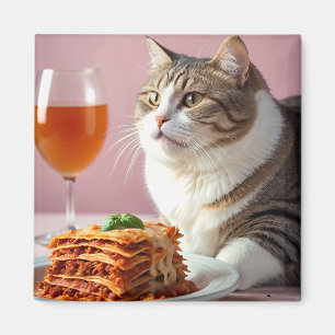 Cute Grey Cat with Lasagne and Wine Glass Magnet