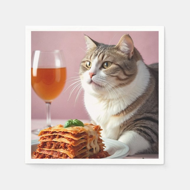 Cute Grey Cat with Lasagne and Wine Glass Napkin (Front)