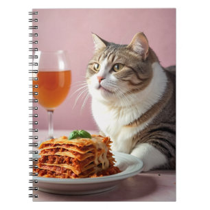Cute Grey Cat with Lasagne and Wine Glass Notebook