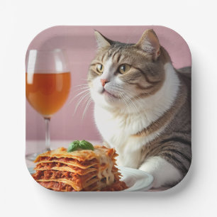 Cute Grey Cat with Lasagne and Wine Glass Paper Plate