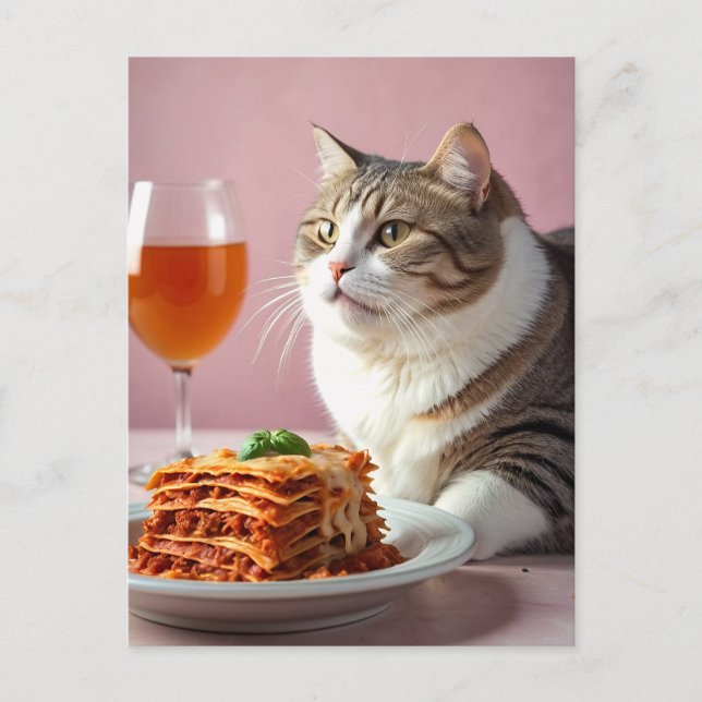 Cute Grey Cat with Lasagne and Wine Glass Postcard (Front)