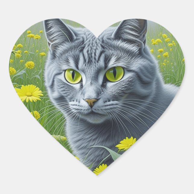 Cute Grey Cat with Yellow Eyes Ai Art Heart Sticker (Front)