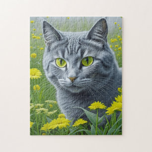 Cute Grey Cat with Yellow Eyes Ai Art Jigsaw Puzzle