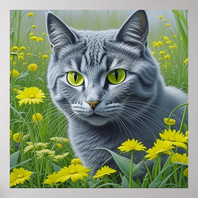 Cute Grey Cat with Yellow Eyes Ai Art Poster (Front)