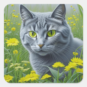 Cute Grey Cat with Yellow Eyes Ai Art Square Sticker