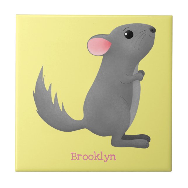 Cute grey chinchilla cartoon illustration ceramic tile (Front)