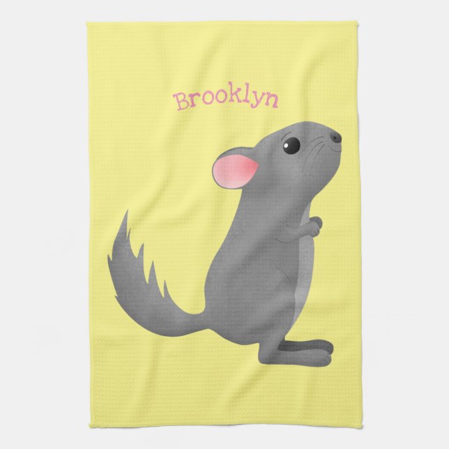 Cute grey chinchilla cartoon illustration  tea towel (Vertical)