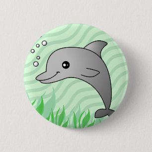 Cute Grey Dolphin in Green Water 6 Cm Round Badge