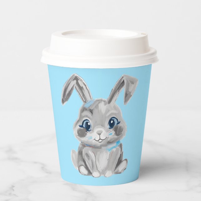 Cute Grey Easter Bunny Boys Blue Name Paper Cups (Front)