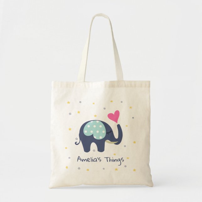 Cute Grey Elephant and Pink Heart Personalised Tote Bag (Front)